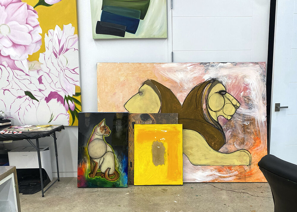 Mixed media canvas in progress during David Zak's 100 Days of Art