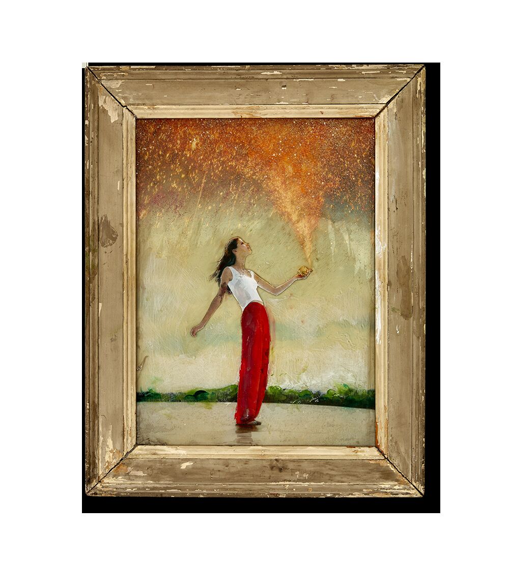 Collage of a woman with sparks flying from her hands, in a thrift store frame, by David Zak